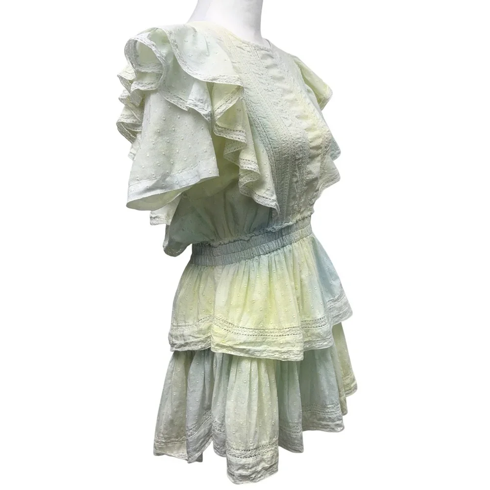 LOVESHACKFANCY‎ Natasha Mini Dress Size M Lily Pond Tiered Ruffle Tie Dye Dainty - Picture 6 of 14